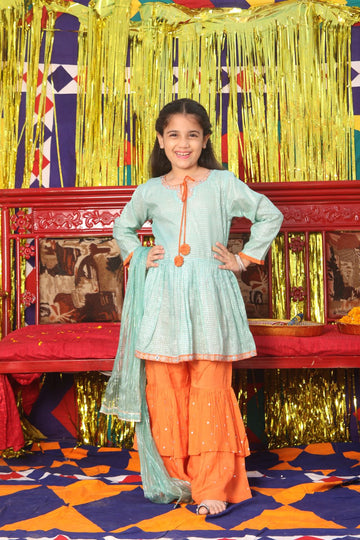 Formal 3 Piece Suit | Pure Banarsi  Viscose Checks | Sea Green & Orange | KDD-01812